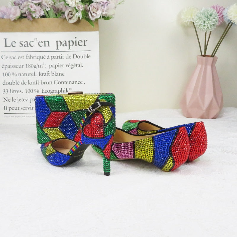 Multicolor crystal women's wedding shoes with matching bags woman low heel fashion shoes and bags set