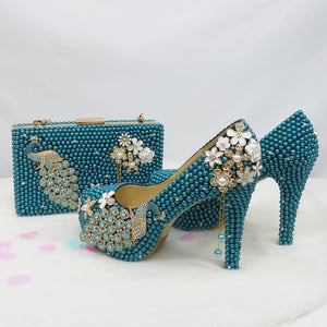 Blue pearl wedding shoes with matching bags bride High-heeled platform shoes Round Toe green blue Shoe and Bag Set