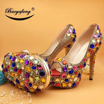 Load image into Gallery viewer, Multicolored Crystal Women Wedding Shoes and Bag Set Fahion Peep Toe Super High heels Platform Shoes with Handbag Open Toe Pumps
