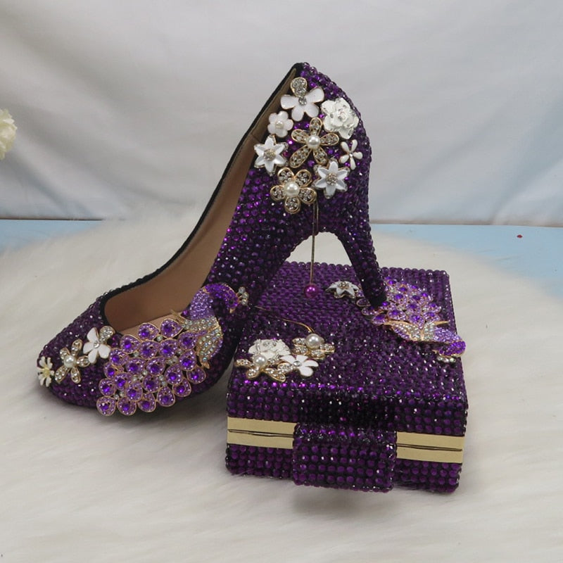 Round Toe Purple crystal Peacock Bridal Wedding shoes and bag set Fashion woman High heel platform shoes Ladies Pumps