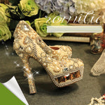 Load image into Gallery viewer, Champagne crystal women&#39;s wedding shoes ivory pearl platform shoes Luxury High shoes
