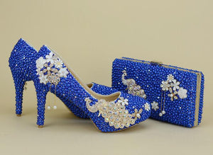 Peacock Royal Blue Pearl Diamond Shoes Party/Wedding Pumps High shoes Fashion rhinestone Bride shoes women