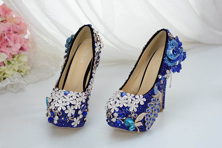 Luxury blue crystal women's wedding shoes Bride high heels Platform shoes woman party dress shoes female high Pumps