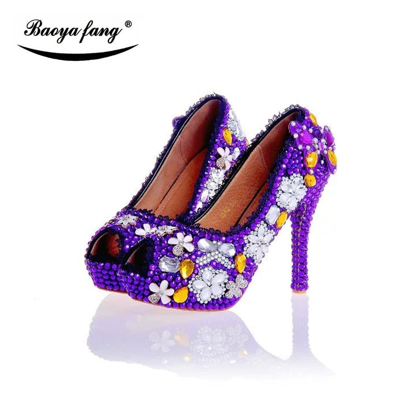Purple rhinestone women's wedding shoes Bride fashion platform shoes high heels shoes
