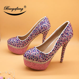 Pink multicolored women's wedding shoes with matching bags Luxury crystal shoe and purse sets High heel round toe Pump