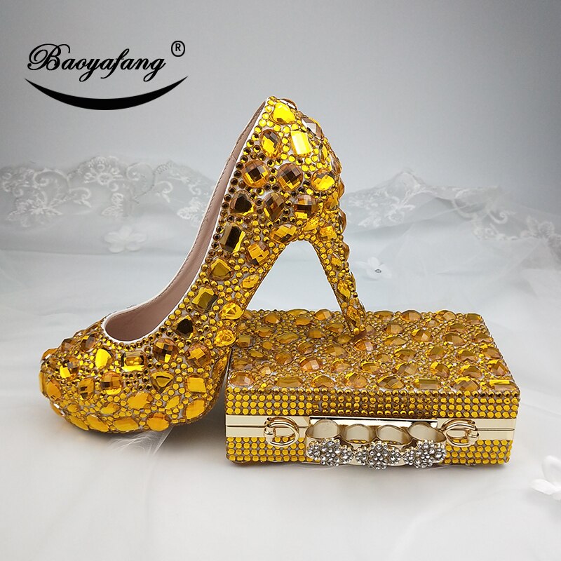 New Womens wedding shoes with matching bags Golden crystal wedding shoes Bride Bridesmaid party dress shoes and purse set