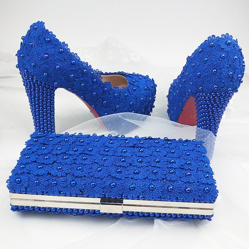 Thick Heel Royal Blue Flower Wedding shoes for woman High heel platform shoes with matching bags