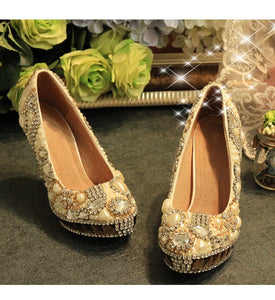 Champagne crystal women's wedding shoes ivory pearl platform shoes Luxury High shoes