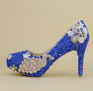 Peacock Royal Blue Pearl Diamond Shoes Party/Wedding Pumps High shoes Fashion rhinestone Bride shoes women