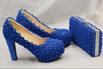 Load image into Gallery viewer, Thick Heel Royal Blue Flower Wedding shoes for woman High heel platform shoes with matching bags
