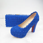 Cargar imagen en el visor de la galería, Thick Heel Royal Blue Flower Wedding shoes for woman High heel platform shoes with matching bags
