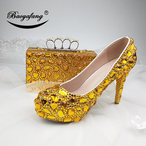 New Womens wedding shoes with matching bags Golden crystal wedding shoes Bride Bridesmaid party dress shoes and purse set