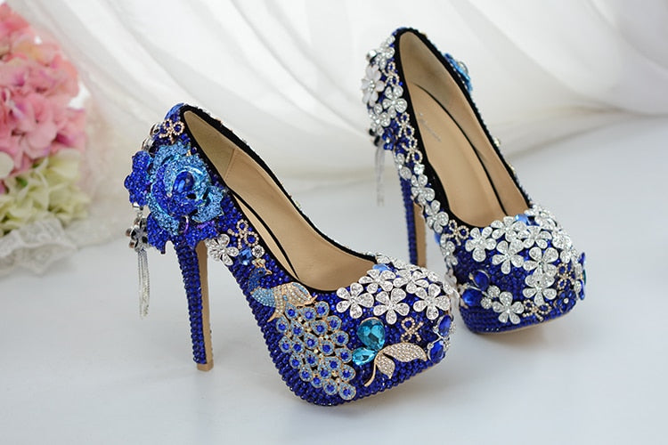 Luxury blue crystal women's wedding shoes Bride high heels Platform shoes woman party dress shoes female high Pumps