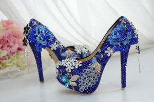 Luxury blue crystal women's wedding shoes Bride high heels Platform shoes woman party dress shoes female high Pumps