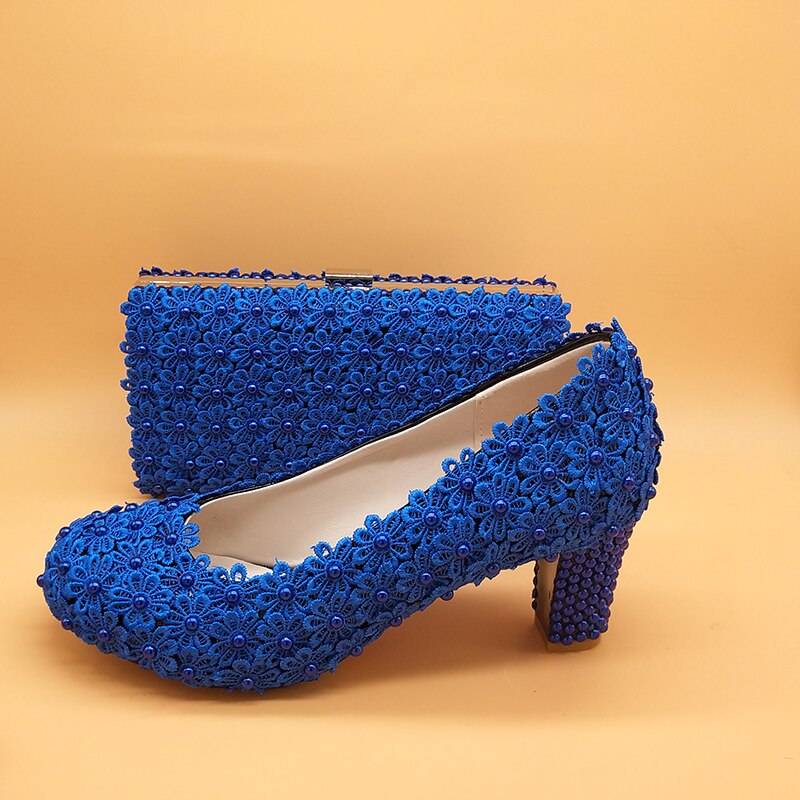 Thick Heel Royal Blue Flower Wedding shoes for woman High heel platform shoes with matching bags