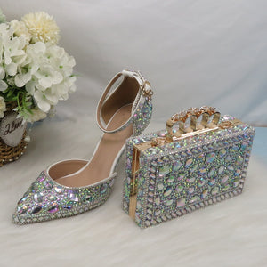 Womens wedding shoes with matching bags Shining Crystal real leather Bride shoes and purse sets platform shoes Big size 43