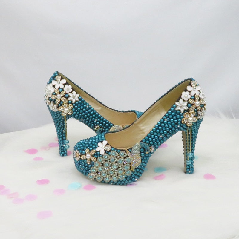 Blue pearl wedding shoes with matching bags bride High-heeled platform shoes Round Toe green blue Shoe and Bag Set