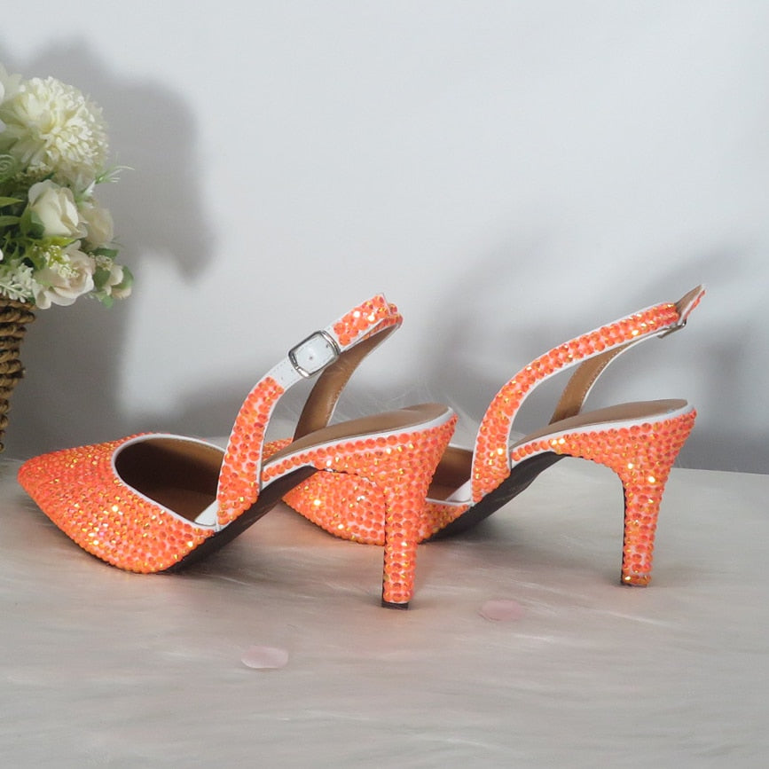 Heart Bag Orange AB Pointed Toe Wedding Shoes and bag Woman High Thin Heel Party Dress Shoes Slingbacks Pumps