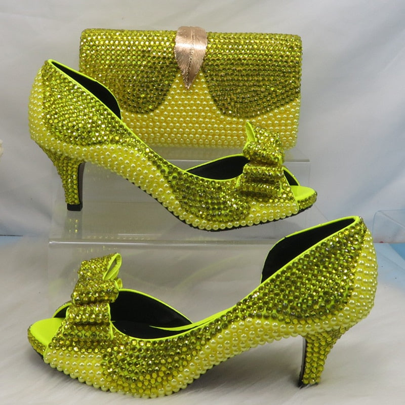 Lemon Yellow Crystal Women wedding shoes and matching bags Peep toe High Pumps fashion Open Toe shoes and Purse