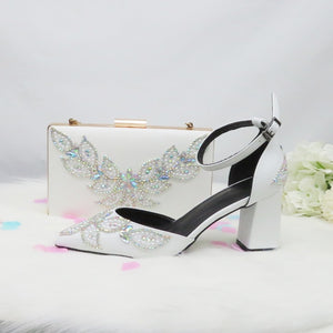 White beads and pearl wedding shoes Bride Pointed Toe Square Thick High Heel Party dress shoes and bag set Ankle Strap