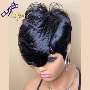 Beauty Short Bob Wavy Wig With Bangs Full Machine Made No Lace Wigs For Women Brazilian Remy Straight Human Hair Pixie Cut Wig