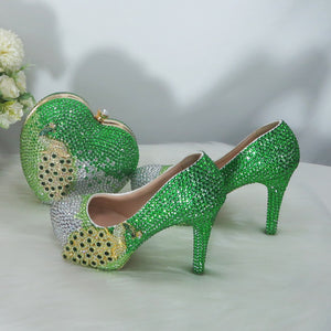 Green Crystal Women Wedding Shoes With Matching Bags Bridal Round Toe Party Dress Shoes Woman Peacock High Pumps