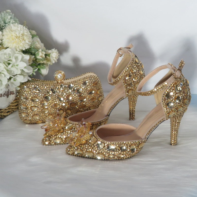 Golden crystal Bridals Wedding shoes with matching bags Rhinestone high heels ankle strap women party dress shoes
