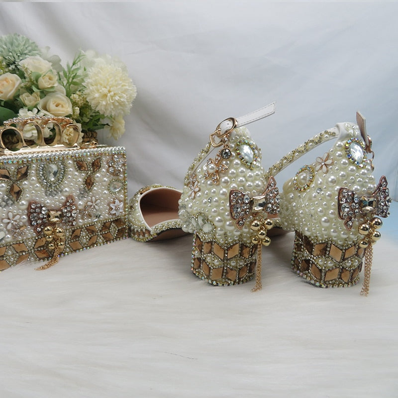 Crystal wedding shoelace bag female thick heel high heel sandals ladies party pointed shoe bag