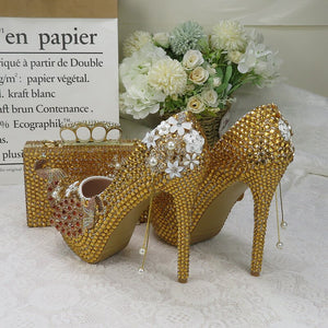 Golden Party Dress Shoe with Matching Bag Crystal wedding shoes High heel platform shoe High Pumps purse