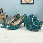 Load image into Gallery viewer, Teal Blue Pearl wedding shoes with matching bags bride party dress High heels platform shoes Open Toe shoe Fish Toe green blue
