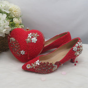 Heart Red Pearl Pointed Toe Bridal Shoes Wedding Shoes and bag Woman High Pumps Thin Heel Party Dress Shoes