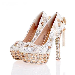 Bride Wedding Party Dress Shoes With Bag Women Pearl Crystal Platform High Heels Shiny Ladies Plus Size