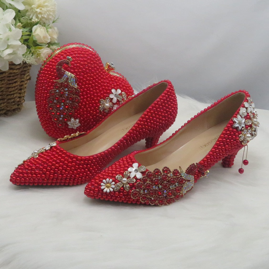 Heart Red Pearl Pointed Toe Bridal Shoes Wedding Shoes and bag Woman High Pumps Thin Heel Party Dress Shoes