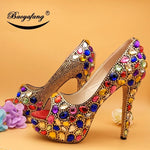 Load image into Gallery viewer, Multicolored Crystal Women Wedding Shoes and Bag Set Fahion Peep Toe Super High heels Platform Shoes with Handbag Open Toe Pumps
