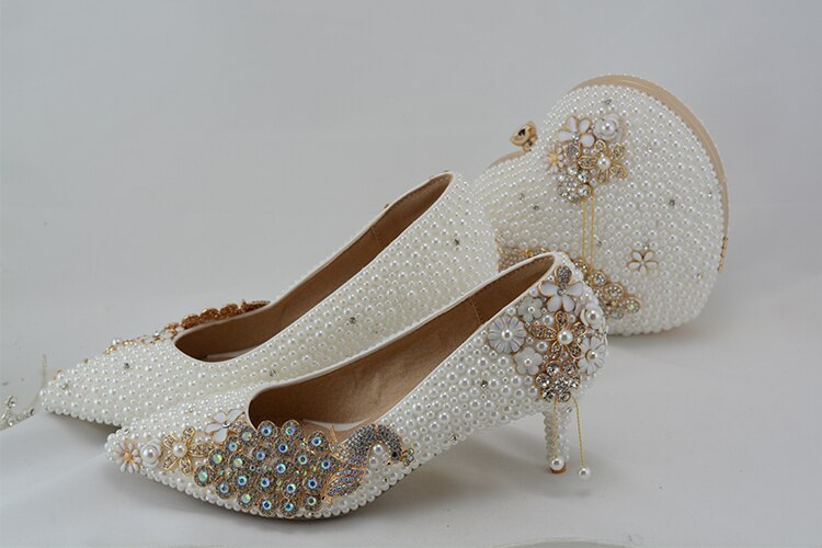 White pearl women's wedding shoes with matching bags bride 7cm Thin-heeled peacock ladies Paty shoe and bag Big size