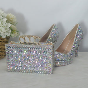 Womens wedding shoes with matching bags Shining Crystal real leather Bride shoes and purse sets platform shoes Big size 43