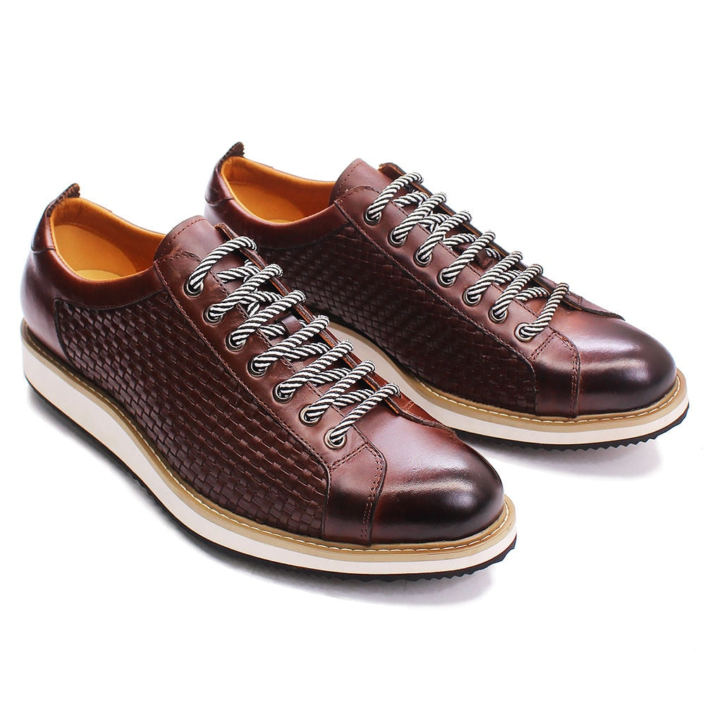 Genuine Calfskin Leather Men Casual Shoes 7-Eyelet Lace Up European Luxury Flat Driving Shoes Men's Outdoor Sneakers