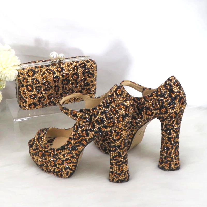 Leopard print Shoes and Bag Set Crystal Women Party Dress Open Toe High Thin Heel Platform Luxury Rhinestones