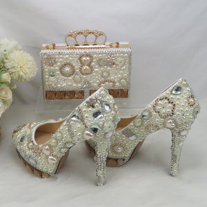 Champagne crystal women's wedding shoes ivory pearl platform shoes Luxury High shoes