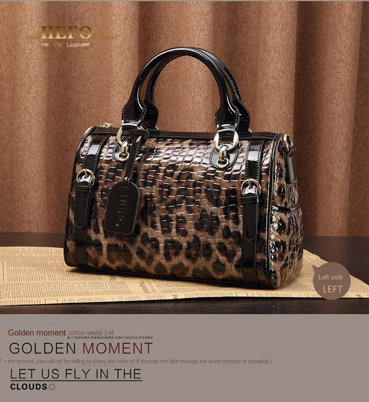 100% Cowhide Leather Women's Bag Leopard Print Boston Bags Female Genuine Leather Handbag Crossbody Shoulder Bags Women