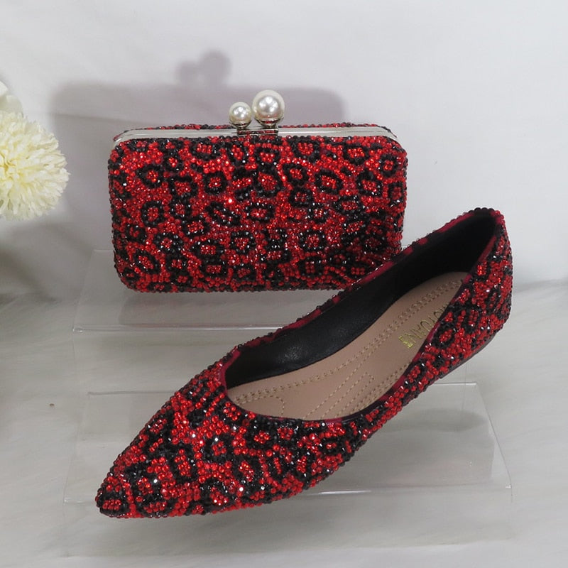 Leopard crystal wedding Bridal shoes with matching bags woman fashion pointed Toe Women party dress shoes Flat shoes