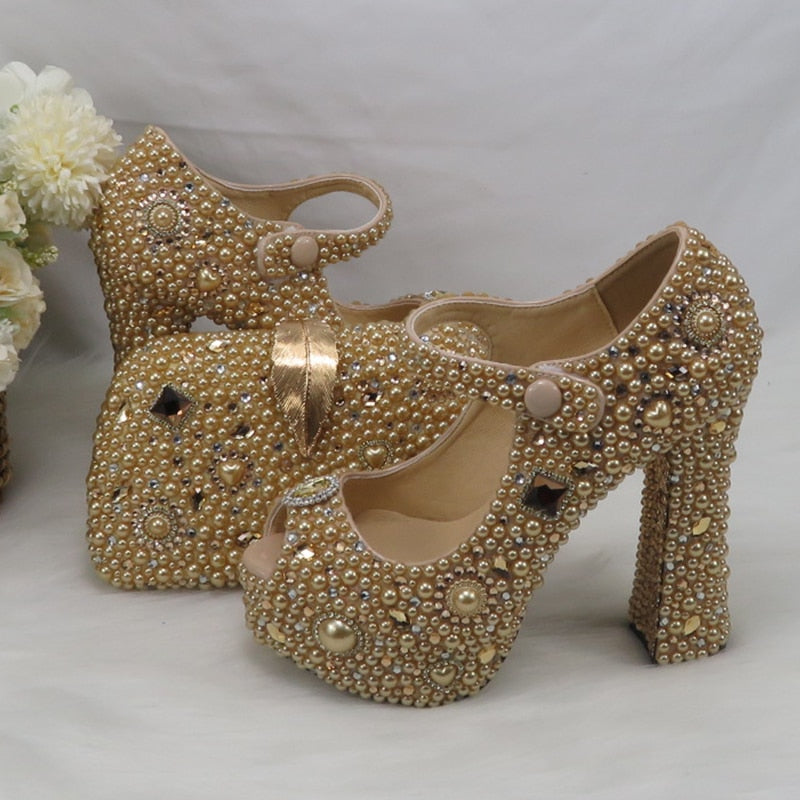 Champagne Gold Bridal Wedding shoes with matching bags woman fashion High Thick heels Women party dress shoes Platform shoes