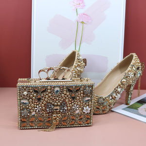 New Arrivals Champagne gold Wedding shoes and Bag set Open Toe Bridal Pumps Thin heels party dress shoes Peep toe and Handbag