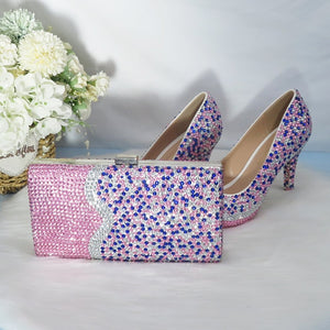 Pink multicolored women's wedding shoes with matching bags Luxury crystal shoe and purse sets High heel round toe Pump