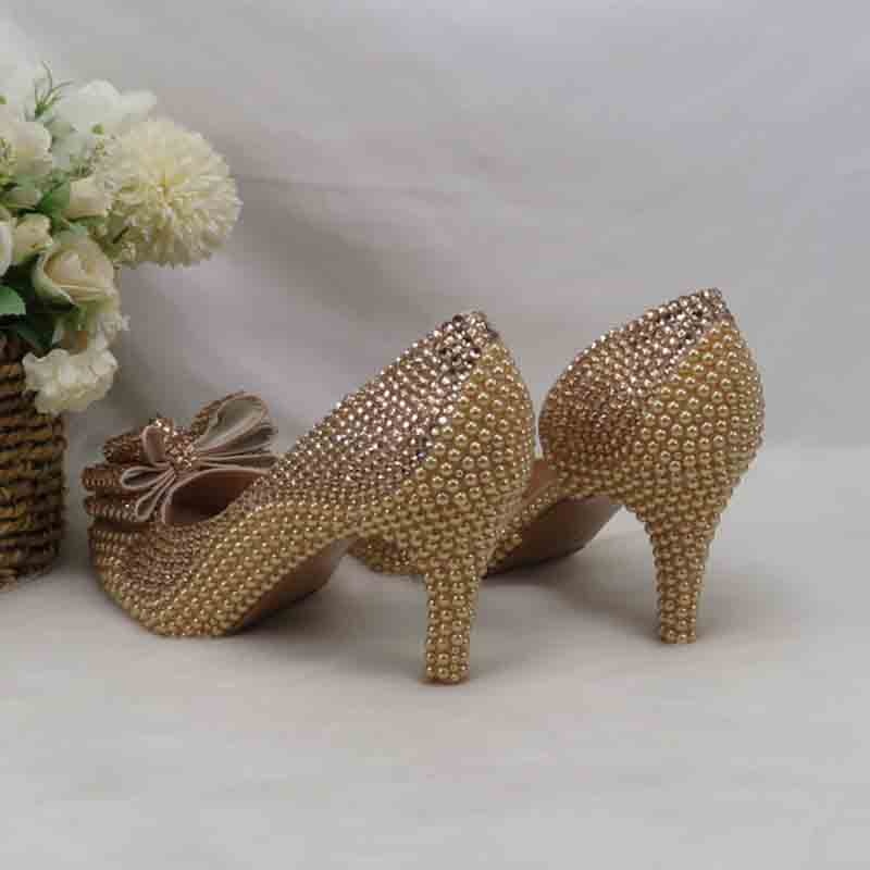 Champagne Golden Pearl Bridal Wedding shoes with matching bags woman Open Toe party dress shoes Platform shoes and bag