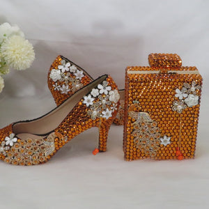 Orange Crystal Women's Wedding Shoes with Matching Bags Peep toe High Pumps fashion Open Toe shoes and Purse