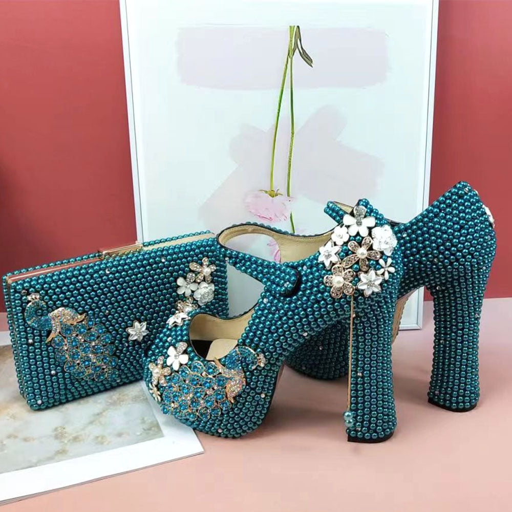 Open Toe Wedding Shoes and Bag Set for Bridal Pearl Women Party Dress Shoe High Thick Heel Platform Peacock  Peep Toe
