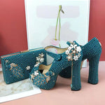 Load image into Gallery viewer, Open Toe Wedding Shoes and Bag Set for Bridal Pearl Women Party Dress Shoe High Thick Heel Platform Peacock  Peep Toe
