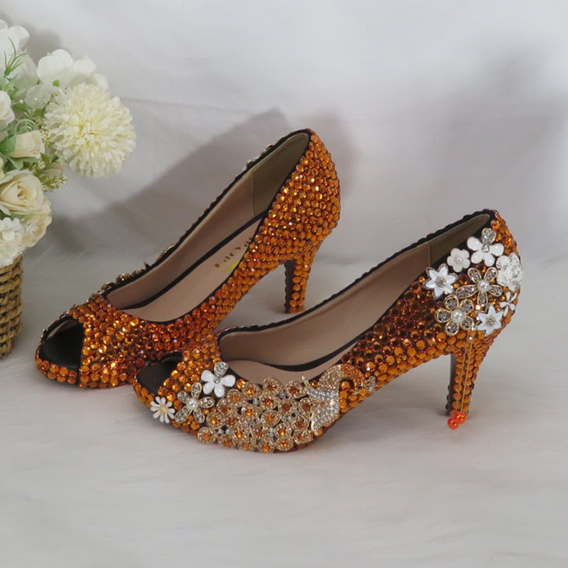 Orange Crystal Women's Wedding Shoes with Matching Bags Peep toe High Pumps fashion Open Toe shoes and Purse