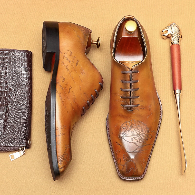 Vintage Men's Dress Shoes Luxury Genuine Leather Designer Fashion Retro Handmade Oxfords Shoes